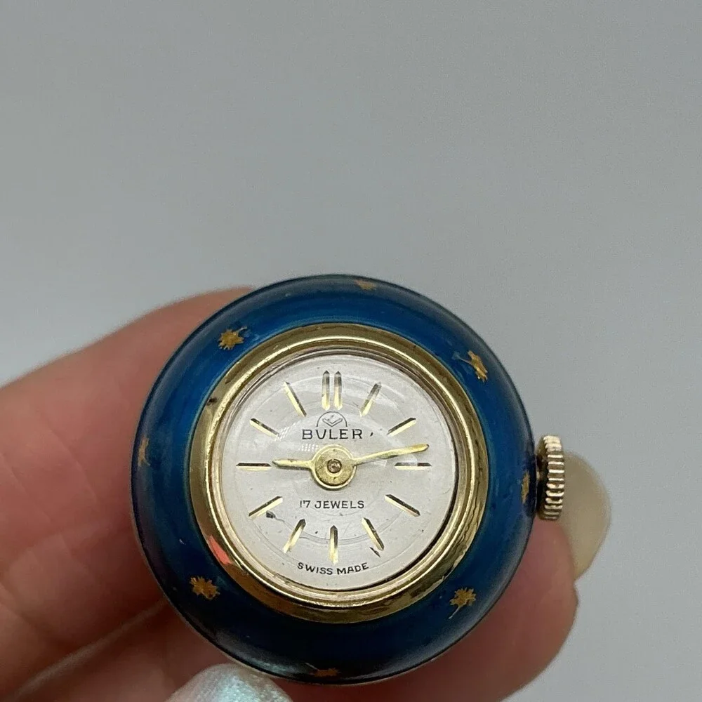 Vintage Buler Pendant Watch Women 21mm Blue Enamel Orb /Globe 17J Swiss Manual